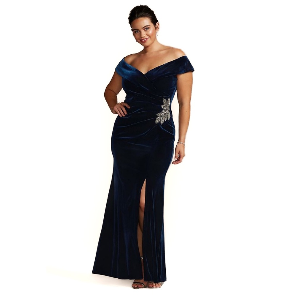 Alex Evenings Ruched Off-the-Shoulder Long Velvet Gown with Crystal Detailing
